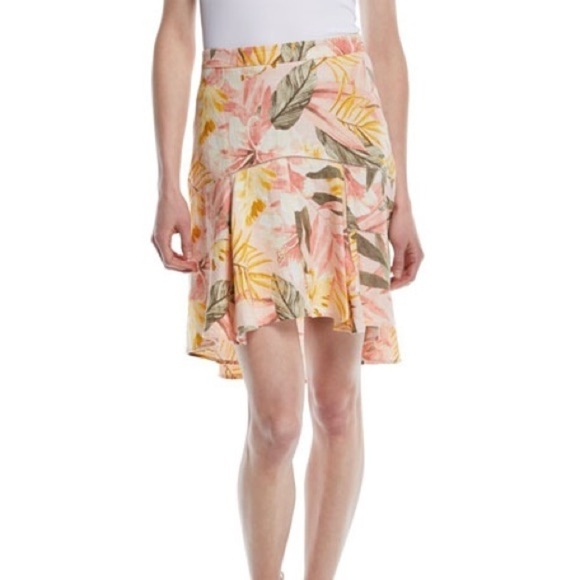 Joie Skirt Radhiya High-Low Ruffle Printed 100% Linen Tropical Print Pink 4 - Picture 1 of 10